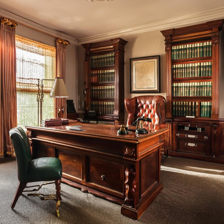 Photo une bibliothèque avec un bureau et une lampe sur le bureau