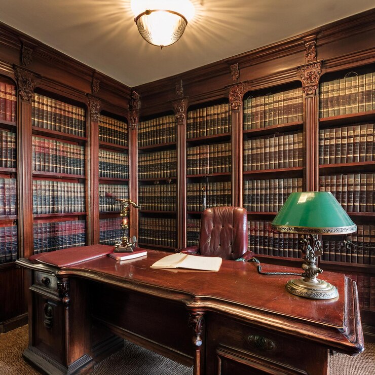 Photo une bibliothèque avec un bureau et une lampe sur le bureau