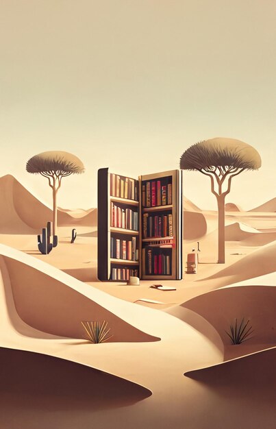 Une bibliothèque dans le désert est entourée d'arbres et de cactus.