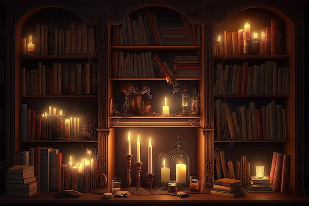 Bibliothèque entourée de bougies créant une atmosphère chaleureuse et confortable créée avec une IA générative