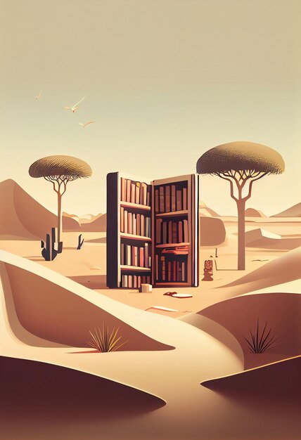 Une bibliothèque est dans le désert et le mot bibliothèque est sur le mur.