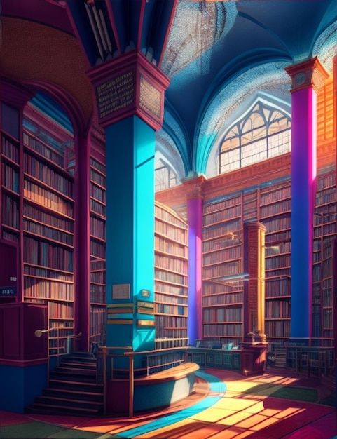 Une bibliothèque fantaisiste avec ses livres et ses étagères colorées et une atmosphère magique qui incite
