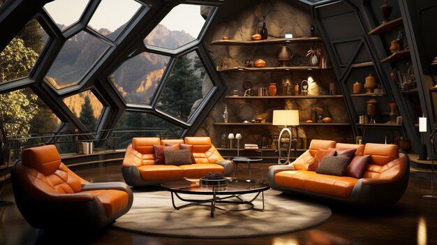 Photo une bibliothèque futuriste avec des chaises et des canapés confortables