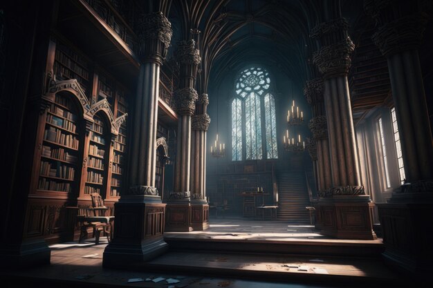 Bibliothèque gothique avec de grandes poutres en acier et de nombreux livres Generative AI