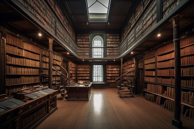 Une bibliothèque avec une grande table en bois et des étagères.