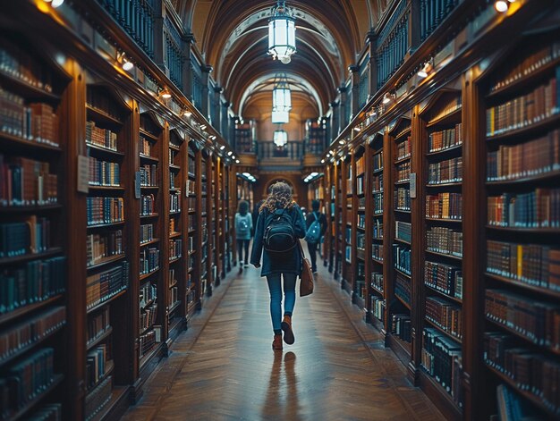 Bibliothèque historique avec des étudiants perdus dans l'étude et la pensée