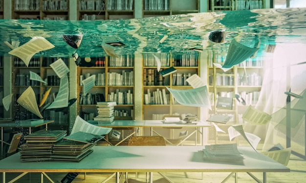 Bibliothèque inondée 3d