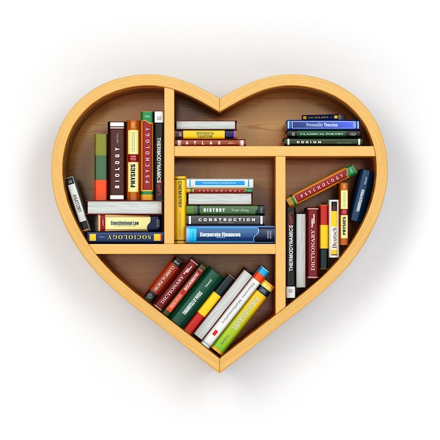 Bibliothèque avec livres et manuels en forme de coeur