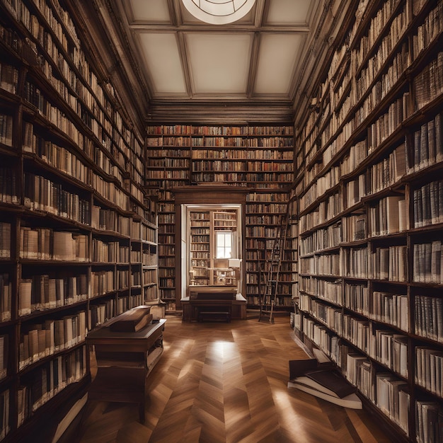 une bibliothèque avec un plafond qui a une fenêtre au-dessus