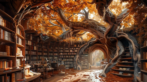 Photo une bibliothèque pleine de livres avec un grand arbre qui pousse au milieu