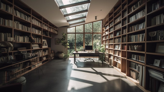 Une bibliothèque avec un puits de lumière et une bibliothèque avec une bibliothèque qui dit "le mot maison" dessus