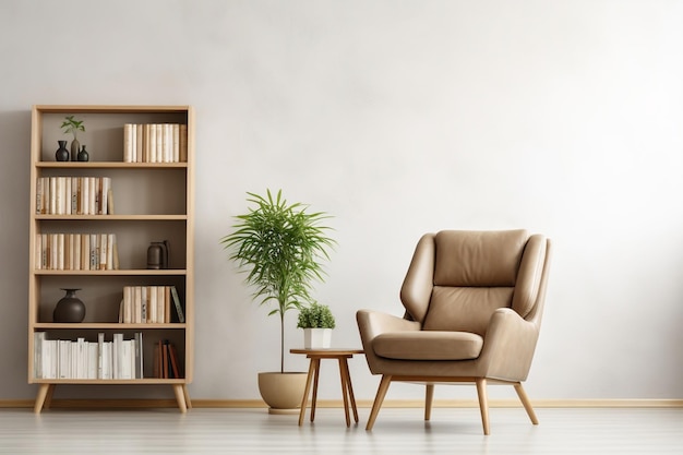 Bibliothèque Scandinave avec Fauteuil dans un Intérieur Moderne Generative Ai