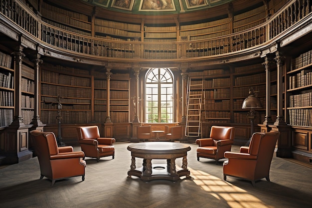 Photo une bibliothèque avec une table et des chaises avec une étagère à l'arrière-plan