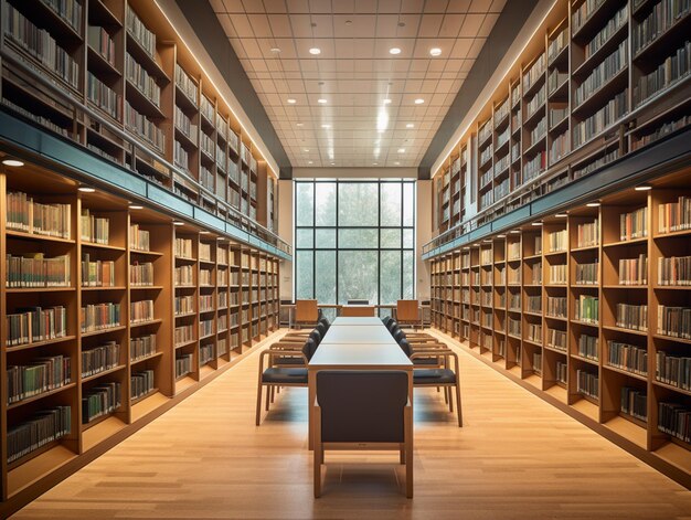 Une bibliothèque avec une table et des chaises et une grande fenêtre.