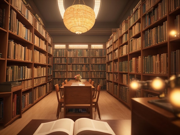 Une bibliothèque avec une table et des chaises et un livre dessus