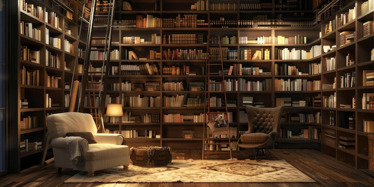 Photo bibliothèque vintage avec fauteuil confortable et échelle parfaite pour la relaxation et les activités intellectuelles aig59
