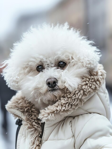 Bichon Frise mignon et drôle dans des vêtements d'hiver