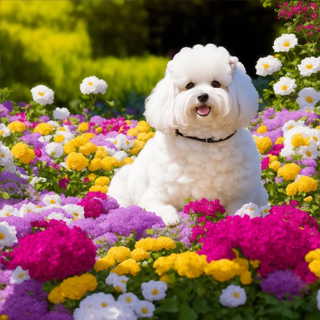 Bichon Frize dans un jardin plein de fleurs illustration