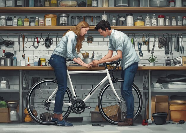 Bicyclette et outils dans un garage rendu 3D style vintage