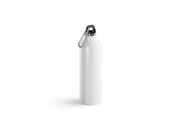 Bidon sport blanc. Récipient pour l'eau. Flacon en métal transparent avec boisson pour modèle de clip de vélo.