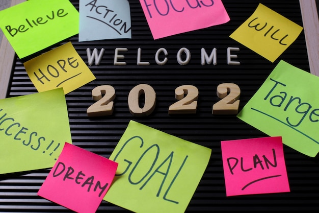 Bienvenue en 2022 avec des mots de motivation sur des notes autocollantes