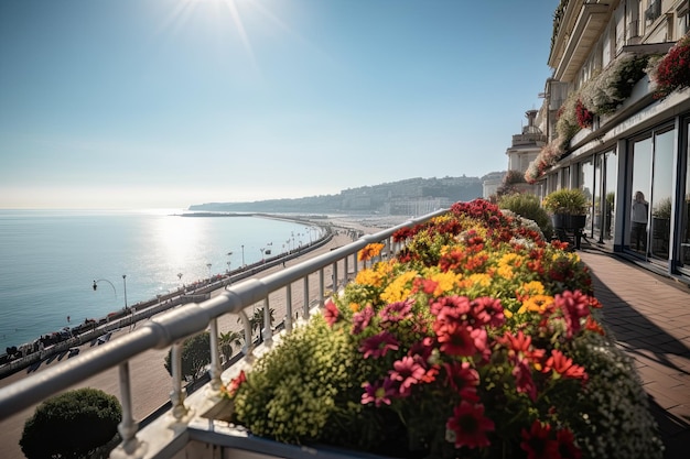 Bienvenue dans la ville des rêves Un balcon ensoleillé avec vue sur un paysage de bord de mer un matin de printemps