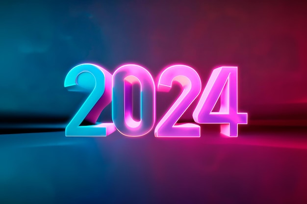 Bienvenue à la nouvelle année 2024 en 3D dans une atmosphère de fête au néon