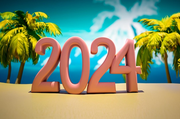 Photo bienvenue à la nouvelle année 2024 entre les palmiers et une atmosphère festive de plage en 3d