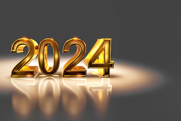 Bienvenue à la nouvelle année 2024 type de verre 3D avec des lumières dorées avec de l'espace pour le texte