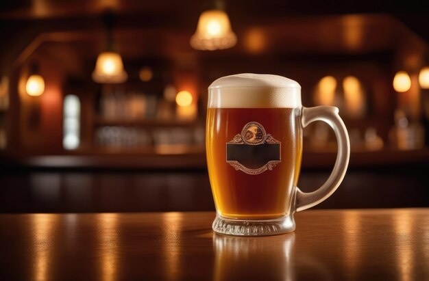 Bière ambre dans une tasse avec une tête mousseuse sur le comptoir du bar avec un espace de copie taverne vide en arrière-plan