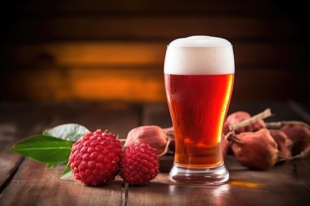 Photo une bière artisanale à côté de litchis frais