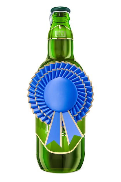 Photo la bière avec le badge de la récompense bleue rendu en 3d