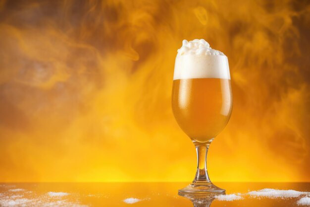 Photo bière dorée avec une tête blanche dans une tasse en verre fume partout en arrière-plan generative ai