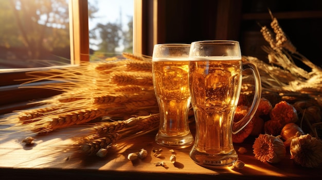 Bière avec du blé sur table en bois