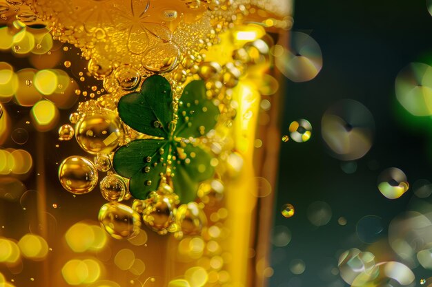 La bière du jour de Saint-Patrick est proche des bulles dans une pinte de bière avec un trèfle aux quatre feuilles chanceuses.