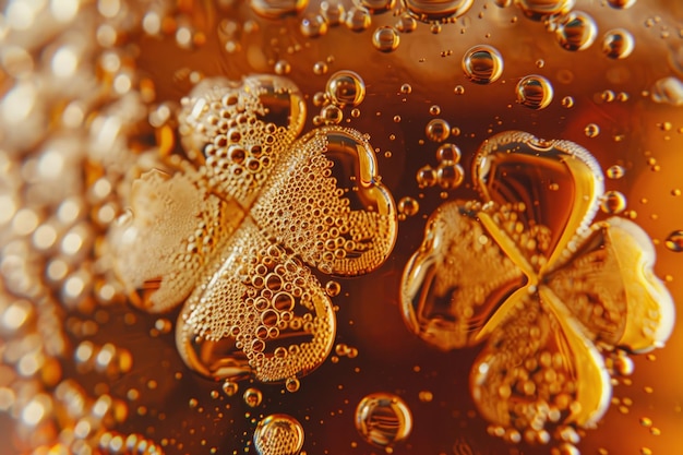 La bière du jour de Saint-Patrick est proche des bulles dans une pinte de bière avec un trèfle aux quatre feuilles chanceuses.