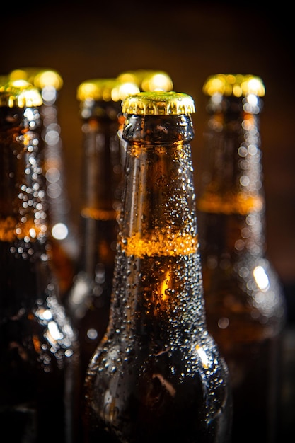 Bière fraîche en bouteilles fermées