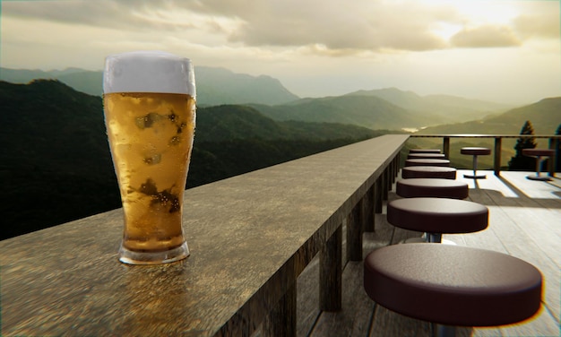 La bière froide dans une bulle de verre transparente et de la mousse de bière mis sur une longue table en bois sur la terrasse du restaurant sur la montagne le fond est des montagnes complexes et le lever du soleil du matin 3D Rendering