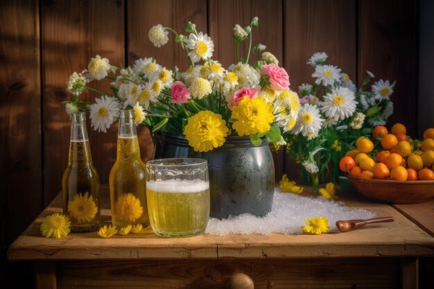 Bière froide dans un jardin fleuri atmosphère détendue IA générative