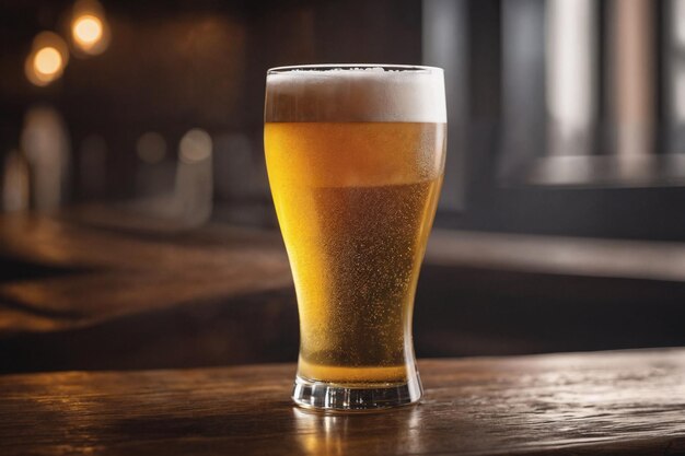 Photo une bière froide dans un verre en gros plan dans un pub sombre avec une lumière de coucher de soleil sur elle bannière de bière