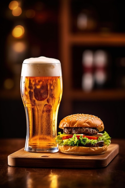 bière légère en verre Pilsner sur le fond d'une table avec burger