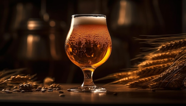 Bière mousseuse dans un fond rustique en verre de pinte d'or généré par l'IA