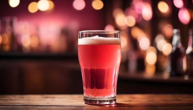 La bière rose remplie dans un grand verre sur la table en bois sur fond de lumières bokeh avec espace de copie