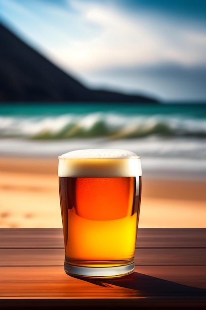 Bière sur table en bois avec fond de plage flou