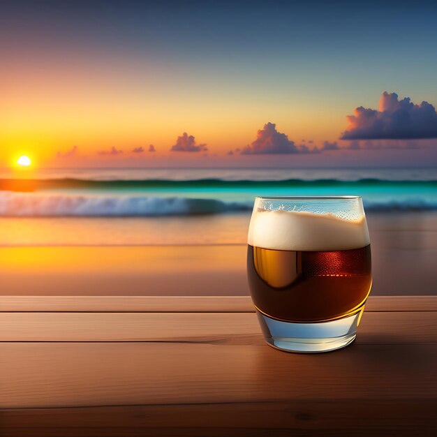Bière sur table en bois avec fond de plage flou