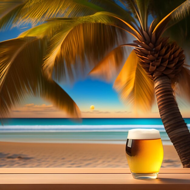 Bière sur table en bois avec fond de plage flou