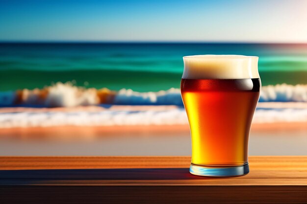 Photo bière sur table en bois avec fond de plage flou