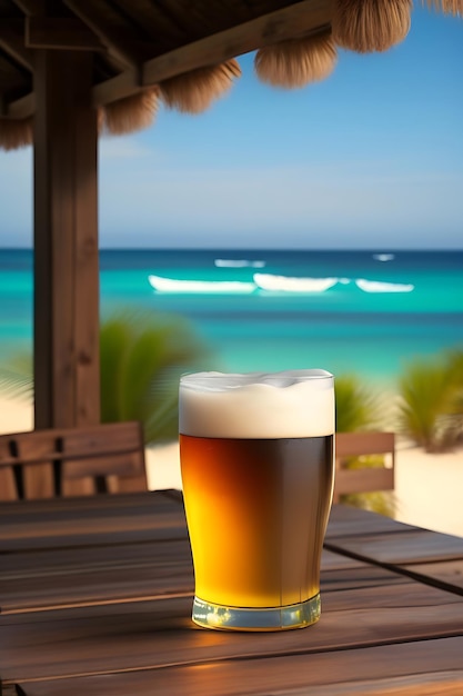 Bière sur table en bois avec fond de plage flou