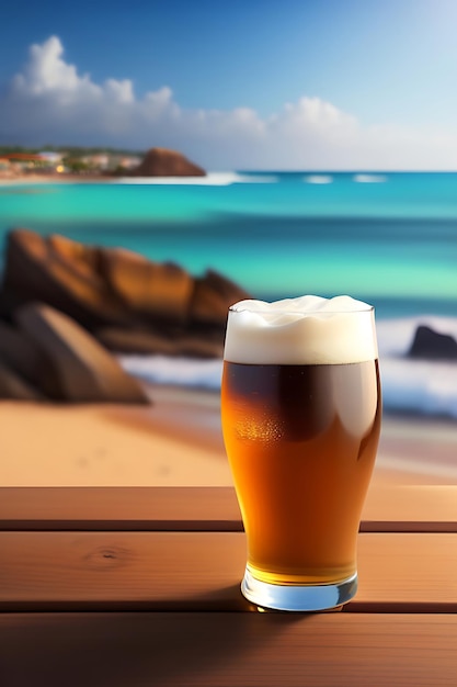 Bière sur table en bois avec fond de plage flou