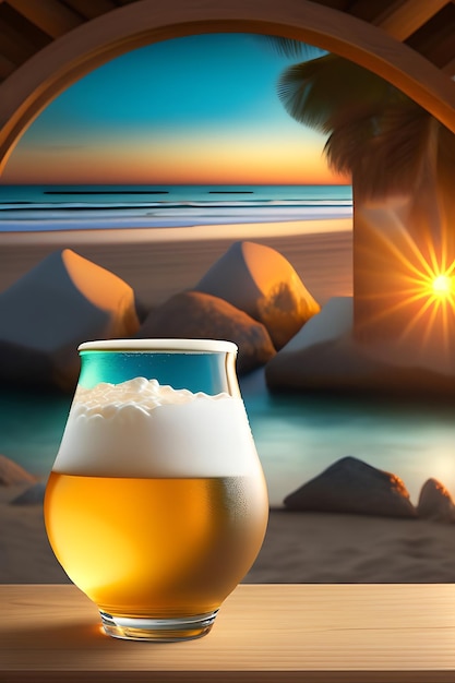 Bière sur table en bois avec fond de plage flou